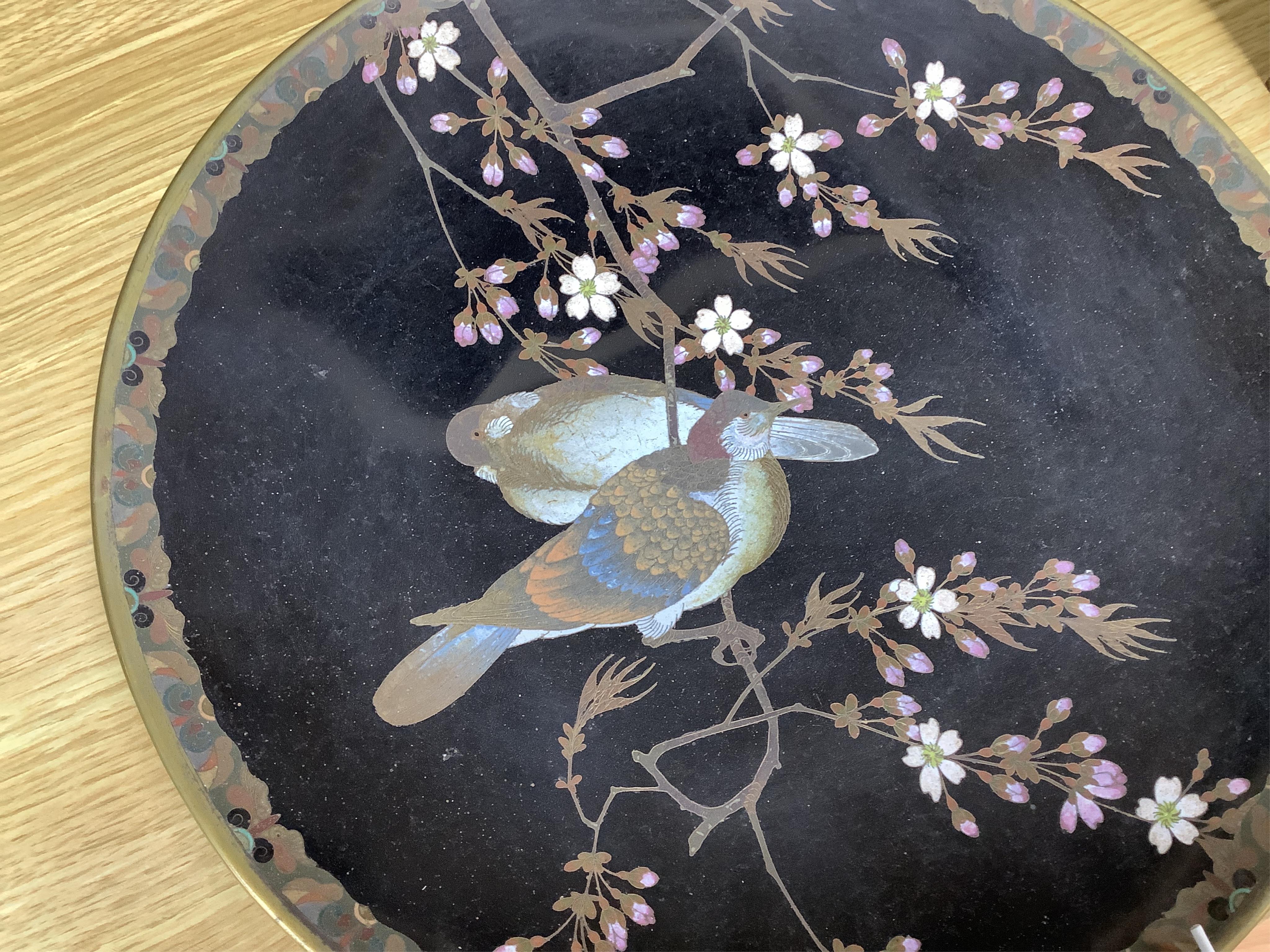 A Japanese cloisonné dish decorated with bird together with Chinese vase, largest 30cm in diameter. Condition - fair to good